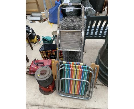 A LARGE QUANTITY OF ITEMS TO INCLUDE TWO RUNG STEP LADDER, JOCKEY WHEEL, TWO FOLD AWAY CHAIRS ETC. 