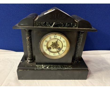 A VINTAGE POLISHED SLATE AND MARBLE MANTLE CLOCK 