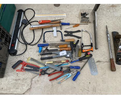VARIOUS HAND TOOLS TO INCLUDE RIVET GUN, HAND SAWS, SNIPS ETC. 