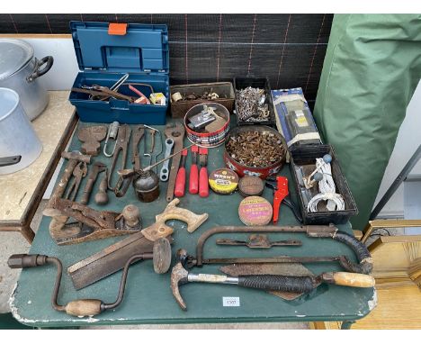 A LARGE QUANTITY OF TOOLS INCLUDING A PLANE, OIL CAN, SCREWS, NAILS ETC. 