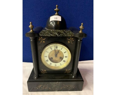A POLISHED SLATE AND MARBLE VICTORIAN EIGHT DAY MANTLE CLOCK 