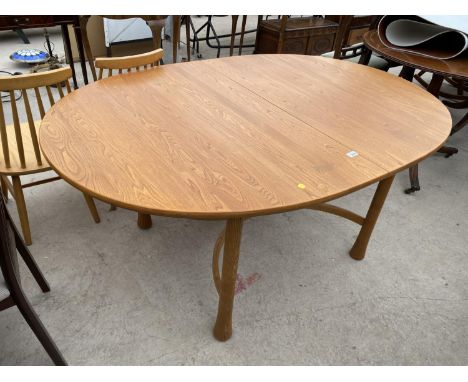 AN ERCOL EXTENDING DINING TABLE ON TAPERED LEGS AND SHAPED STRETCHERS, 64x43" (62.5" FULLY OPENED) 