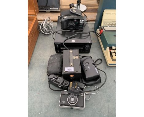A PIONEER DAB/IPOD PLAYER AND ASSORTED CAMERAS TO INCLUDE A VINTAGE BOX CAMERA 