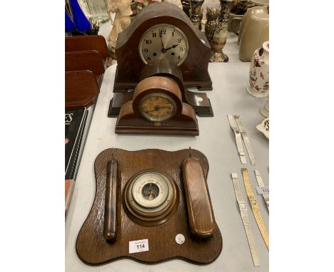 THREE WOODEN MANTLE CLOCKS AND A WOODEN BAROMETER 