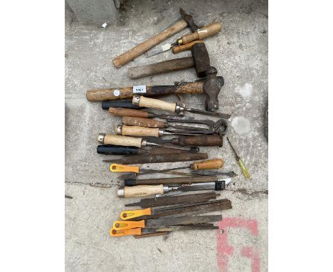 VARIOUS HAND TOOLS TO INCLUDE FILES, HAMMERS, CHISELS ETC. 