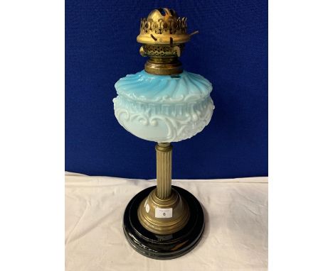 A VINTAGE OIL LAMP WITH BLUE BOWL 