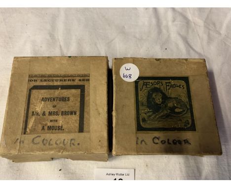 TWO OF THE JUNIOR SERIES OF LECTURERS' COLOURED MAGIC LANTERN SLIDES TO INCLUDE AESOP'S FABLES 