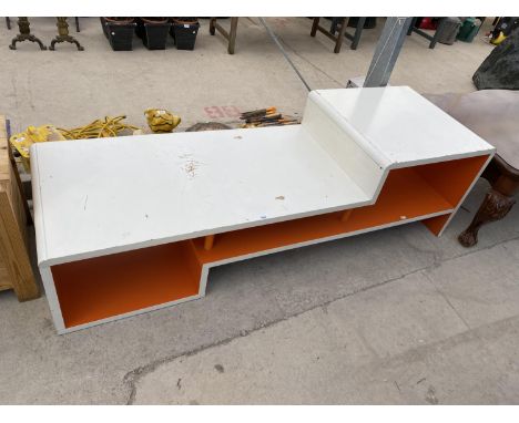 A RETRO TWO TIER WHITE AND ORANGE COFFEE TABLE WITH UNDER SHELF, 72 x 24" 