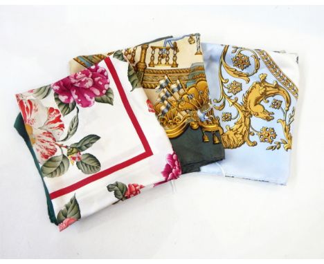Gucci scarf "Le Camelie", a Hermes scarf  Carousel, in shades of sage green, gold and blues, and a Hermes Ledoux silk scarf "