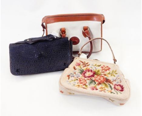 Black vintage flap bag stamped to resemble snakeskin, a tapestry fixed-frame bag labelled 'The Needlewoman Shop, Regent Stree