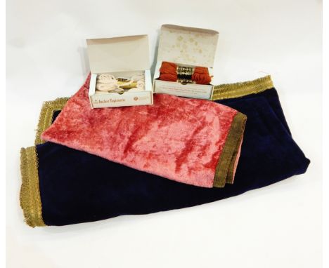 Quantity of new, boxed Anchor Tapisserie boxed tapestry wools, tapestries, a large velvet hanging with a fringed braid, a pin