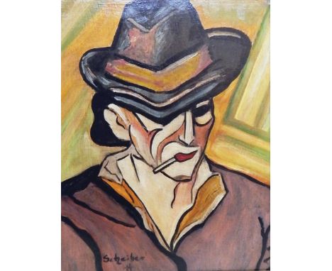 Attributed to Hugo Scheiber (Hungarian, 1873-1950) Oil on canvas Head and shoulders portrait of a man rolling cigarette, sign
