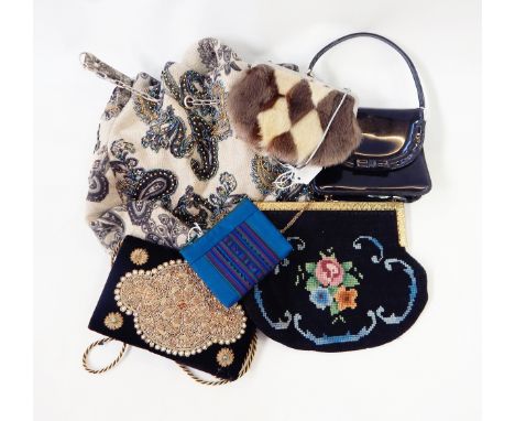 Various vintage and other evening bags including a cross-stitch fixed-frame evening bag, an Indian-style velvet evening bag, 