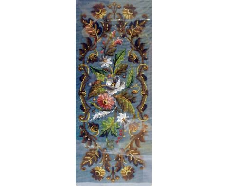 Beaded embroidery on a tapestry background showing flowers and autumn colours, 57cm x 26cm, mounted and framed 