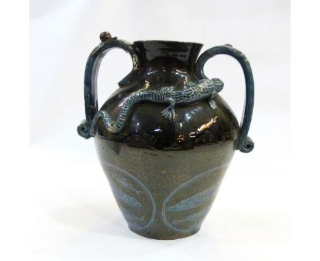 Brannam Barum pottery two-handled vase with dark green ground decorated with relief of lizard and fish in light green, marked