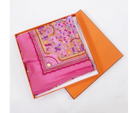 Hermes silk scarf 'Les Jardins d'Armenie', within original cardboard box with tissue paper and Hermes bag (the bag is a bit b