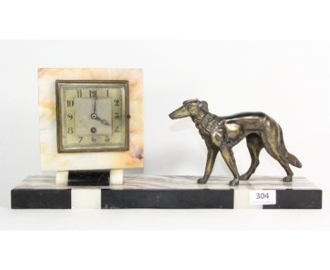 An Art Deco marble and spelter mantle clock W.45