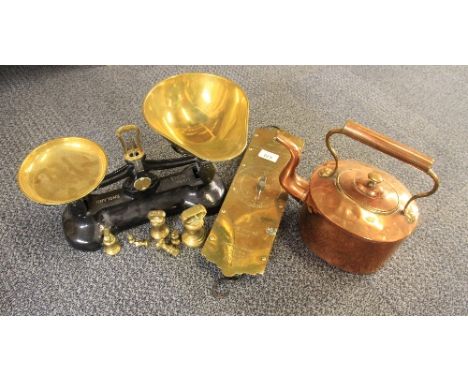 A Salters brass balance scale, a kitchen scale and a copper kettle