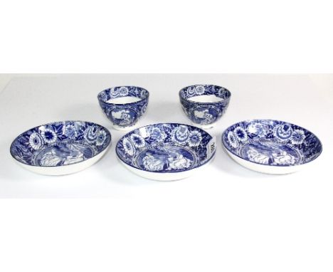 Two 18thC soft paste porcelain tea bowls and three saucers