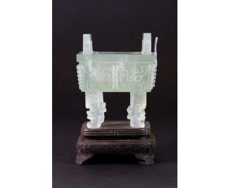 A very fine 19th/early 20thC Chinese carved jade censor on a white metal inlaid wooden stand H.10cm