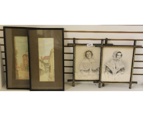 J H Maguire, two mid 19thC framed portrait prints together with two watercolours
