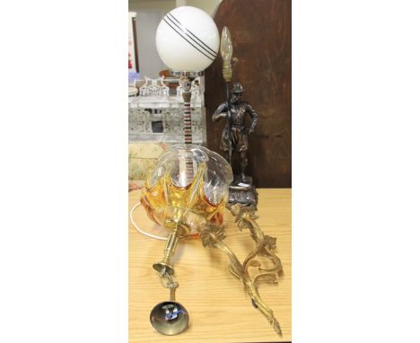 Two table lamps, a wall light and a brass and glass centre light