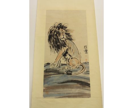 Chinese ink on paper mounted on a scroll of a timid lion in the style of Xu Bei Hong L.200cm