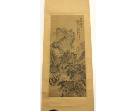 Chinese signed ink on silk mountain landscape on a rosewood scroll L.205cm