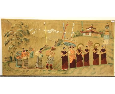 A large Bhutanese painting appliqué and tapestry on canvas of a Buddhist ceremony 148 x 74cm