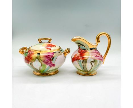Vibrant hand-painted lidded sugar bowl and creamer pitcher with red and magenta tulips; gold handles, rim and base. Sugar bow