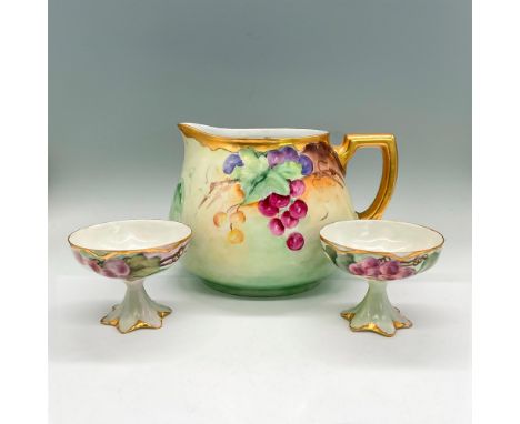 Antique wide pitcher with hand-painted purple, red and green grapes with bright green leaves. Pitcher, 9"L x 6.5"W x 6.25"H, 