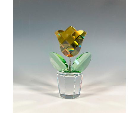 Large heavyweight, lead crystal yellow tulip that was part of the Happy Flowers collection. The flower features clear, green,