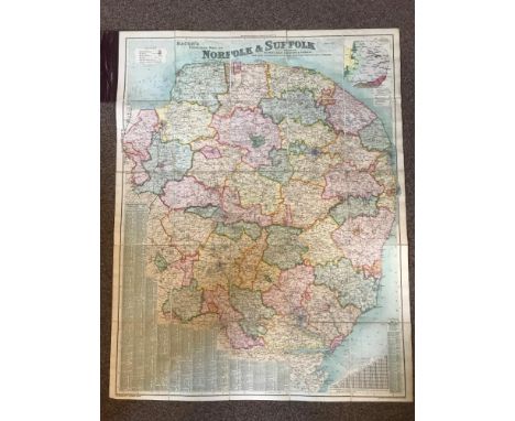 East Anglia - history and topography. Bacon's Excelsior Map of Norfolk and Suffolk, c.1900, coloured dissected and linen back