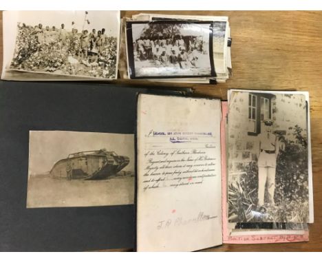 An early 20th Century photograph album belonging to A.N. Gibson containing images of WW1 tanks, 26th Highland Brigade Review 