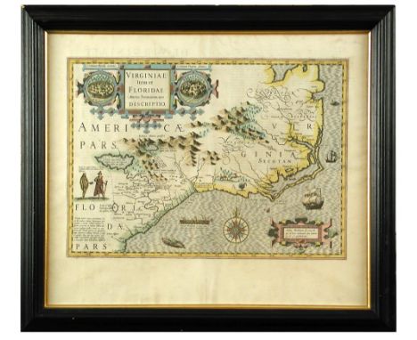 Jodocus Hondius (Dutch, 1563-1611) Virginiae item et Floridae, Americae Provinciarum nova Descriptio, engraved map with hand-