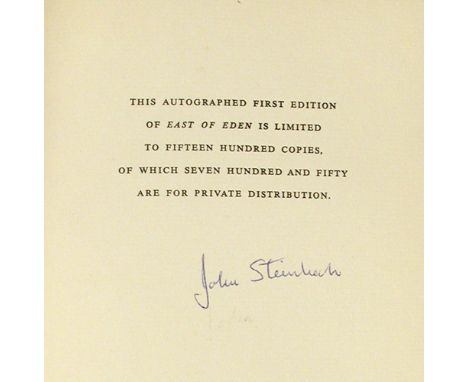 STEINBECK (John)  East of Eden. New York: The Viking Press, 1952, 8vo, first edition, one of 1,500 copies signed by Steinbeck