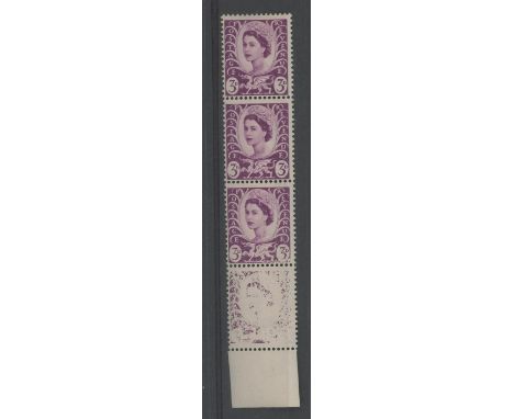 Wales 3d (ord) vertical marginal strip of 4 with lower stamp affected by dry print. U/M, fine (4)