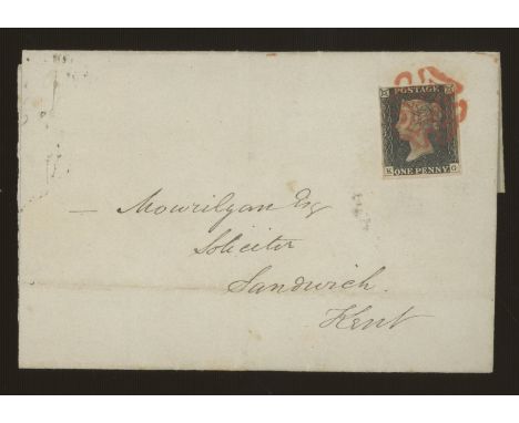 1840 1d black, K-G, F/U with red maltese cross on entire, backstamped Stratford SP 5 1840, 4 margins but slight damage to rig