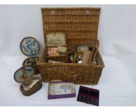 Yesterday's World Museum Haberdashery - a wicker basket containing a large selection of sewing related accessories including 