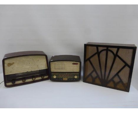 A Pye bakelite cased radio, a Marconi radio and an Art Deco oak speaker front. 