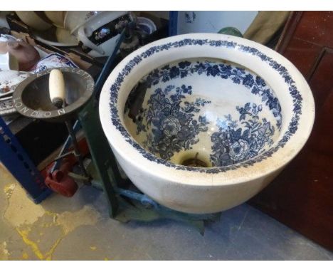 A late Victorian blue and white ceramic loo with unusual mechanism, marked A. Coslett & Co. London; with associated mahogany 
