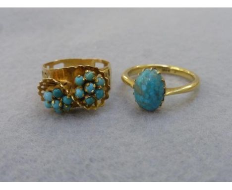 A 10ct gold turquoise ring, size Q and a Continental gold turquoise ring, size R.