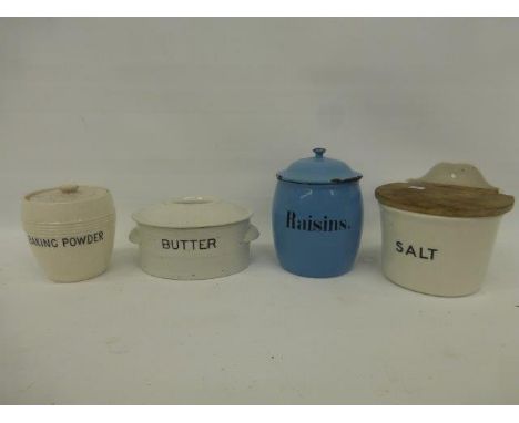 Yesterday's World Museum Victorian Kitchen - three named pottery storage containers for Salt, Butter & Baking Powder; also a 