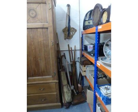 Yesterday's World Ironmongers - a selection of assorted early hand garden tools, a copper warming pan, brushes etc.