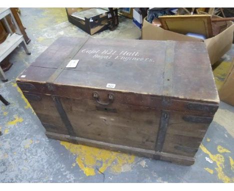 A metal bound wooden trunk bearing the name Capt. B.J.L. Hall, Royal Engineers. 