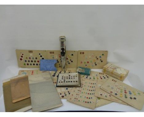 Yesterday's World Museum Haberdashery - a selection of shop button display cards, a box of Horace. H. Hancock's tailor's wax 