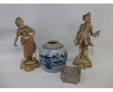 An Indian heavily embossed lidded canister, a 19th Century provincial Chinese ginger jar, and a pair of 19th Century Continen