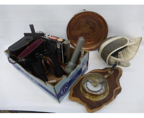 A box of mixed collectables including binoculars, a wall clock recycled from a pressure gauge etc. 