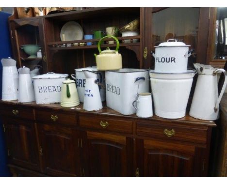 Yesterday's World Museum Victorian Kitchen - a selection of enamel wares including Flour and Bread bins. 