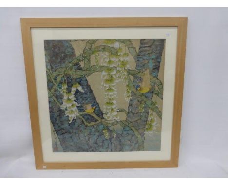 A framed and glazed Chinese watercolour depicting finches in a jade tree, 24 1/2 x 24 1/2".